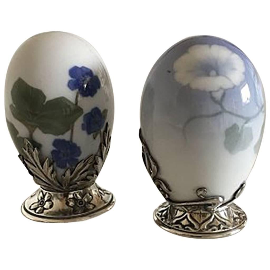 Pair of Royal Copenhagen Eggs with A. Michelsen Sterling Silver Mountings For Sale