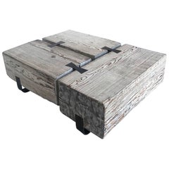 Rustic Wood Beam Coffee Table with Iron Base