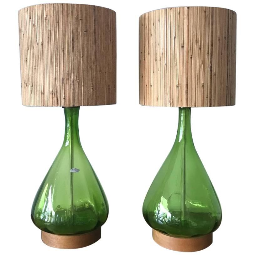 Pair of Unusual Blenko Olive Green Glass Lamps