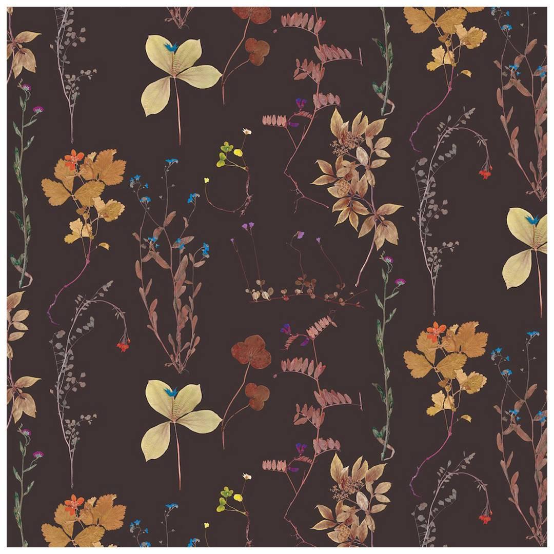 Herbario Designer Wallpaper in Terra 'Neutral Multi-Color on Brown'