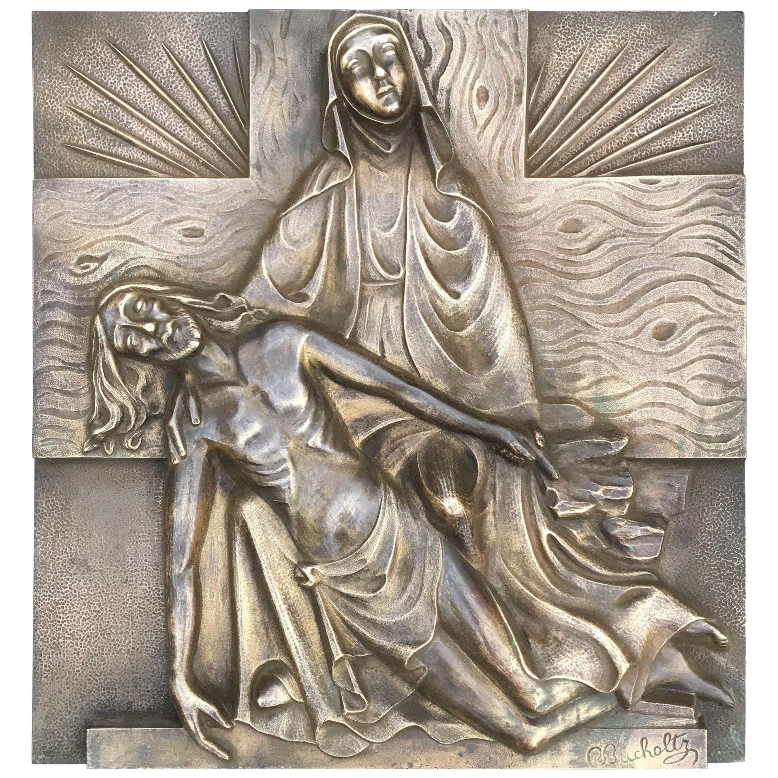 Early 1900s Marked Art Deco Period Bronze Relief Wall Plaque Depicting the Pieta