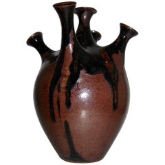 Studio Pottery Five-Chimney Weed Pot Vase with Drip Glaze