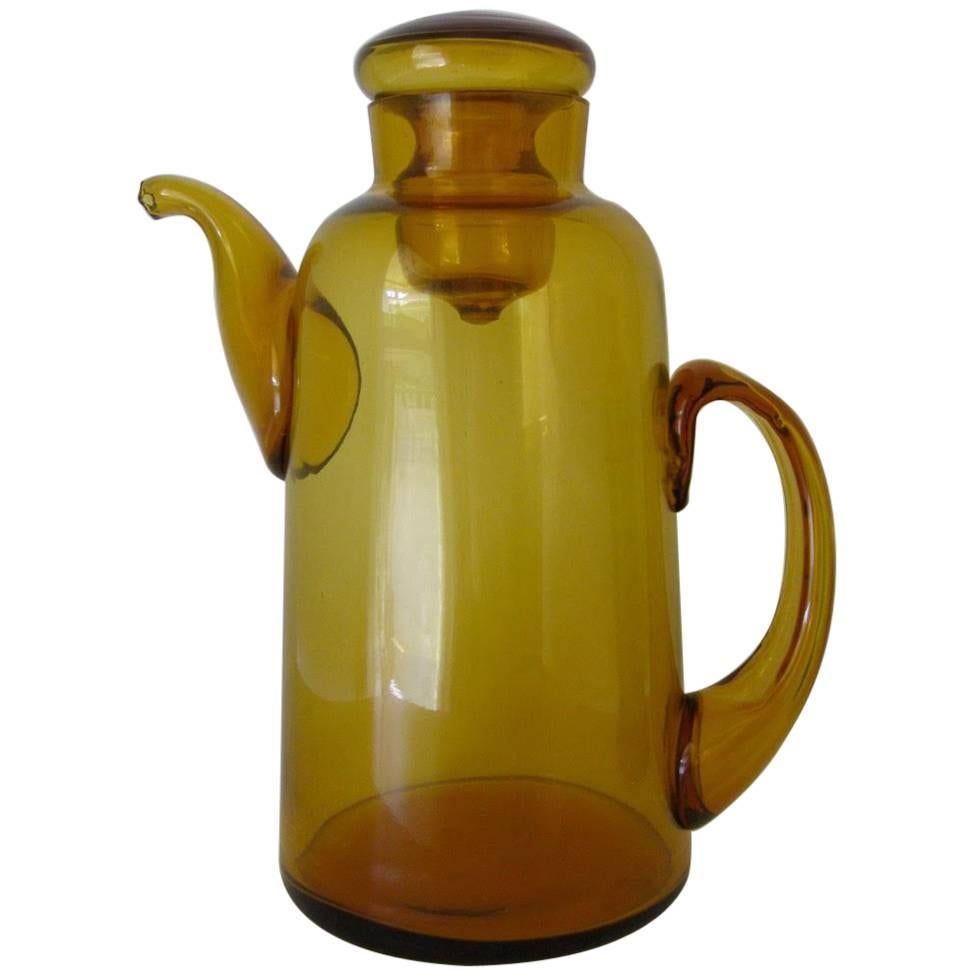 1940s Italian Empoli Amber Art Glass Lidded Pitcher/Tea Pot For Sale