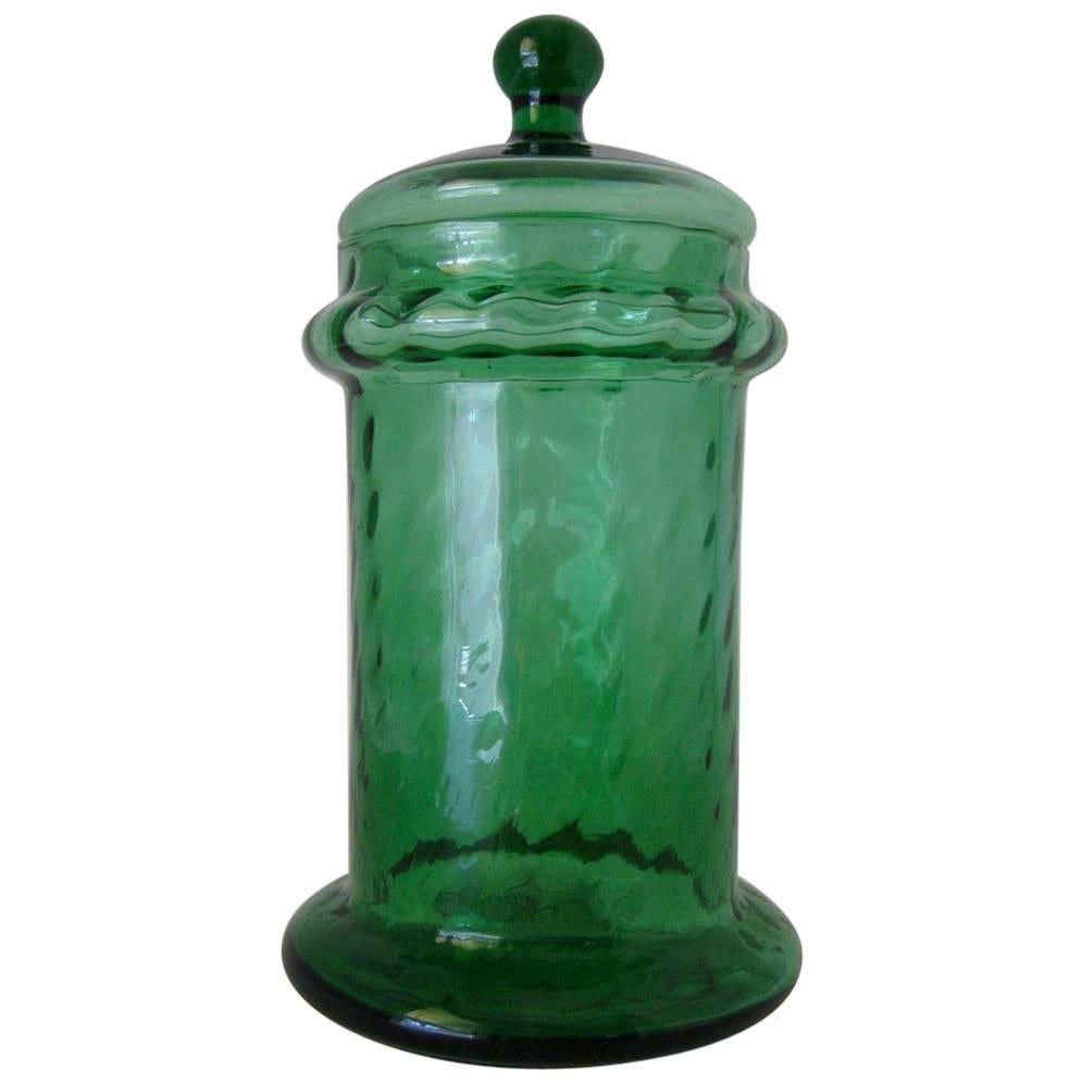 1960s Italian Empoli Green Optic Art Glass Apothecary Jar For Sale
