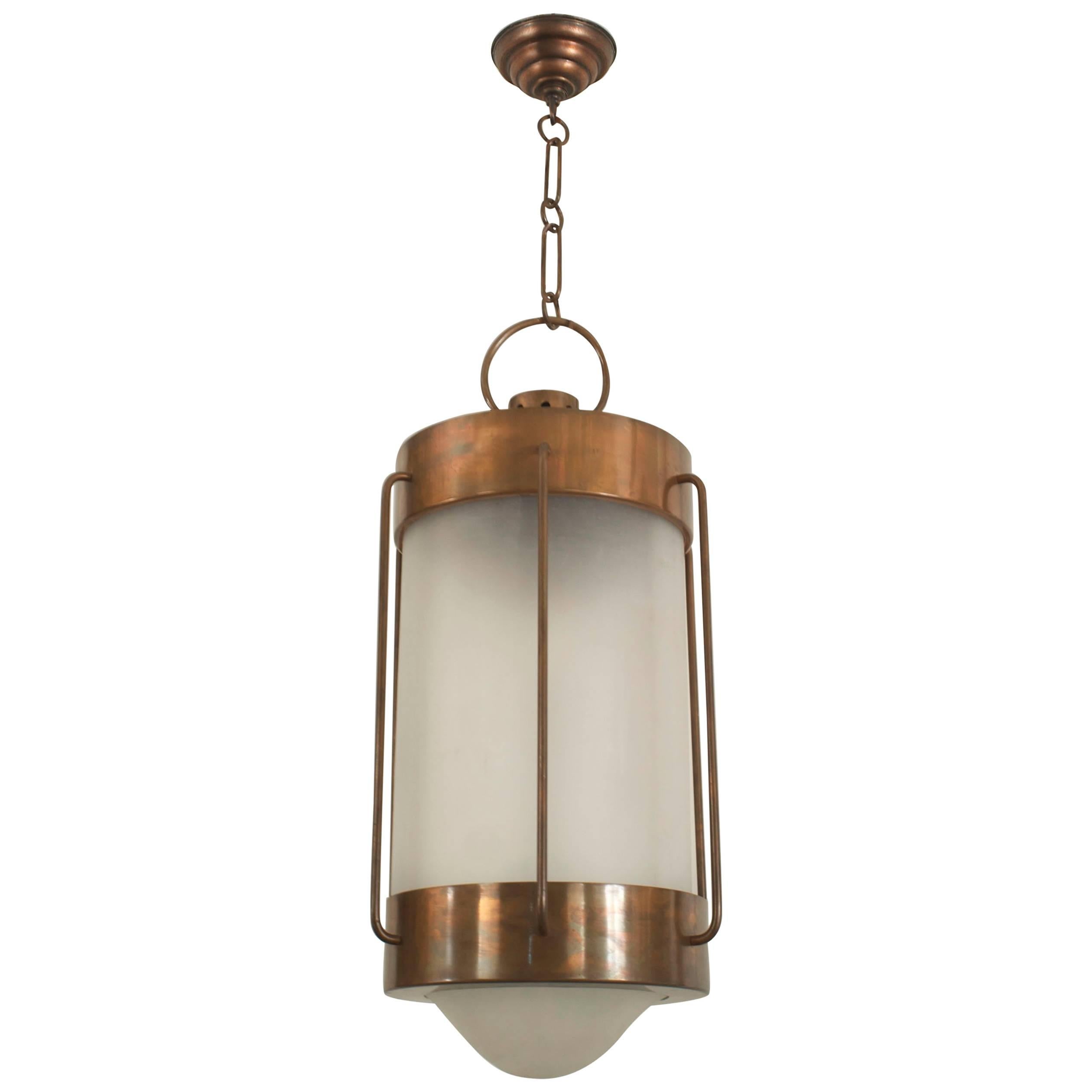 French Art Deco Oxidized Copper Hanging Lantern