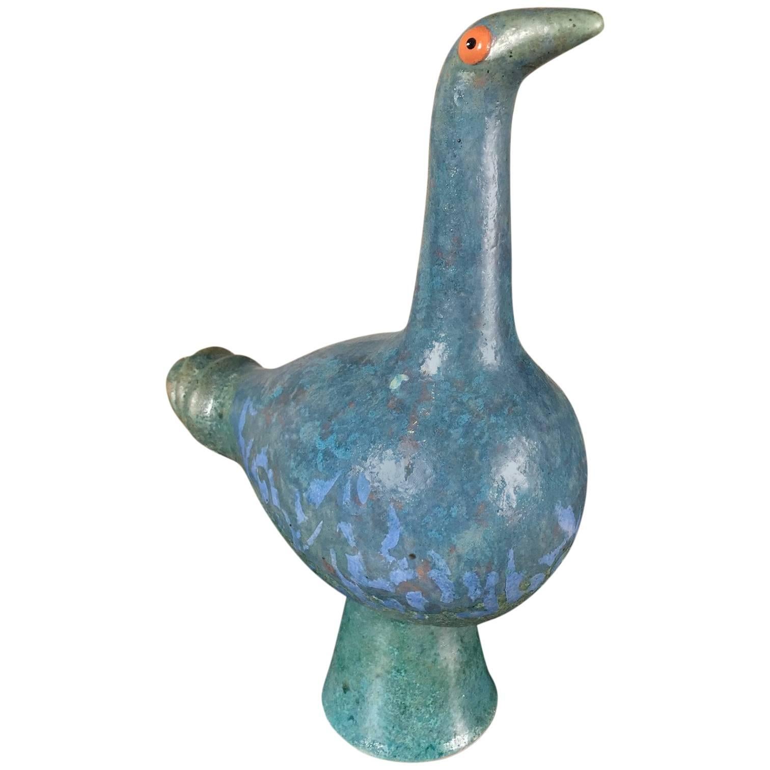 Whimsical Blue Bird Sculpture Hand-Painted by Eva Fritz-Lindner