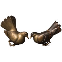 Pair of Japanese Patinated Bronze Pigeons