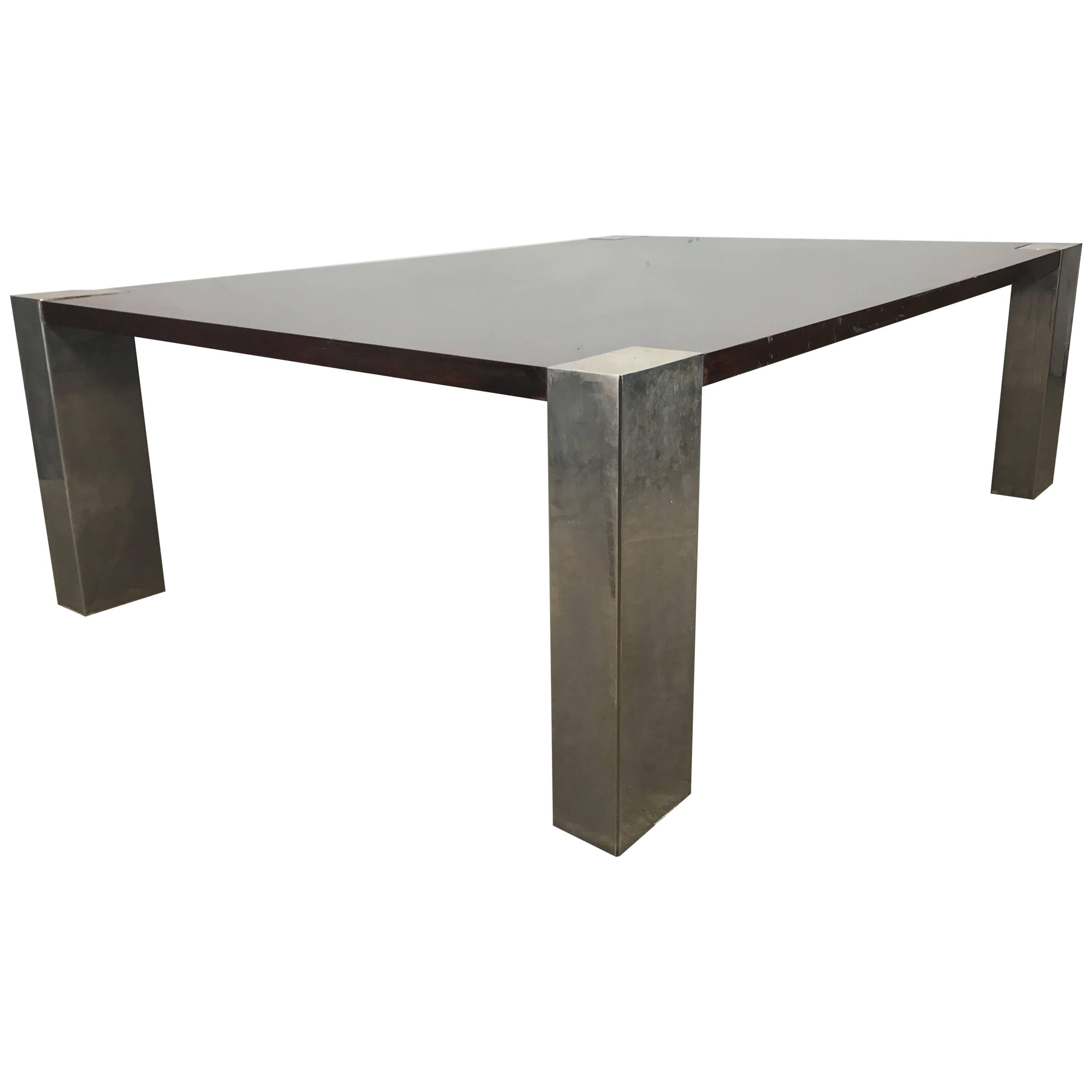 Monumental 1970s Stainless Steel and Wood Coffee Table