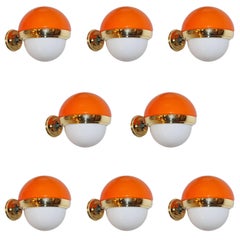 1960s Italian Vintage White Orange Murano Glass & Brass Double-Lit Sconces