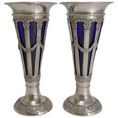 Pair of Antique English Sterling Silver Vases by Walker and Hall