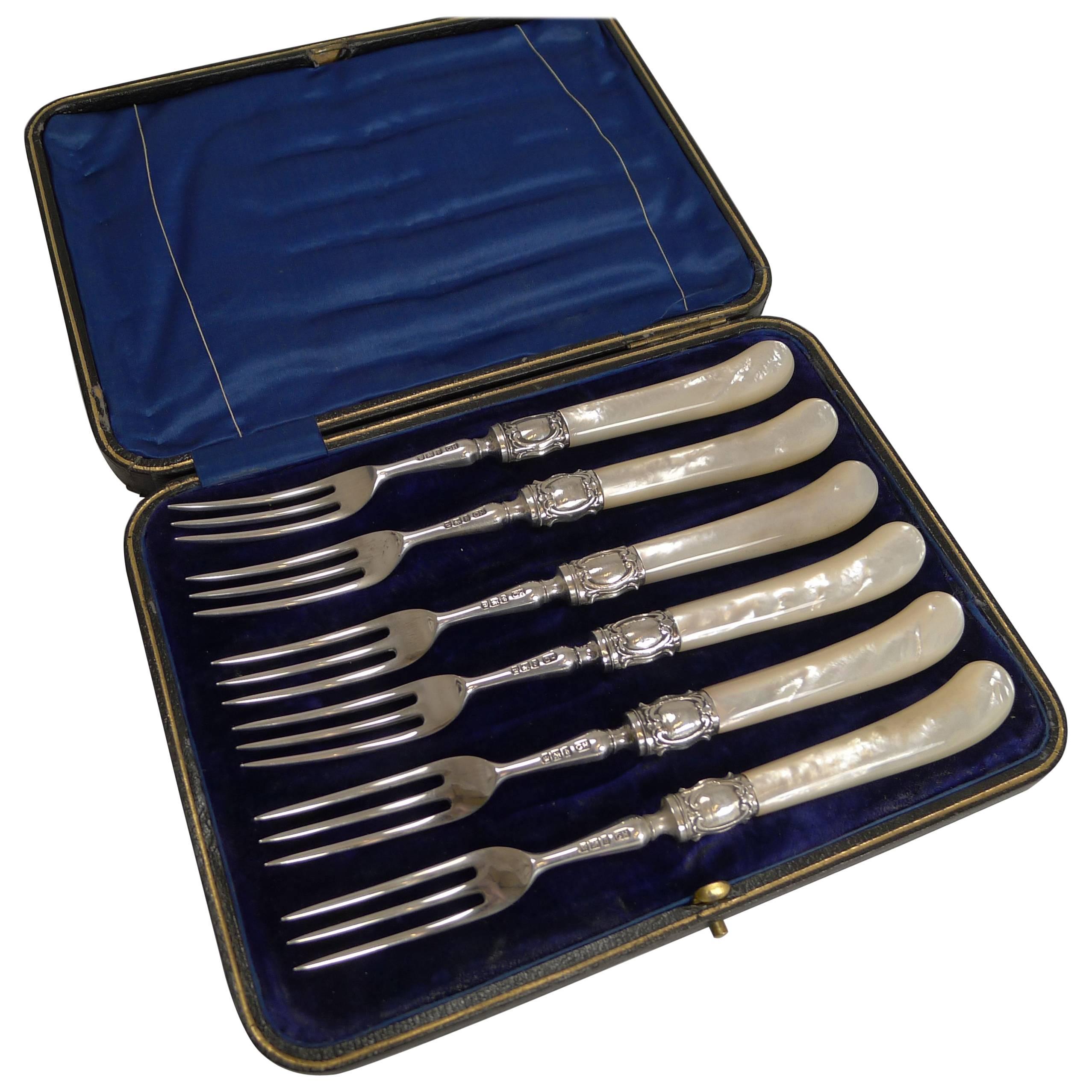 Antique English Sterling Silver and Mother-of-Pearl Cake or Desert Forks, 1900