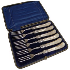 Antique English Sterling Silver and Mother-of-Pearl Cake or Desert Forks, 1900