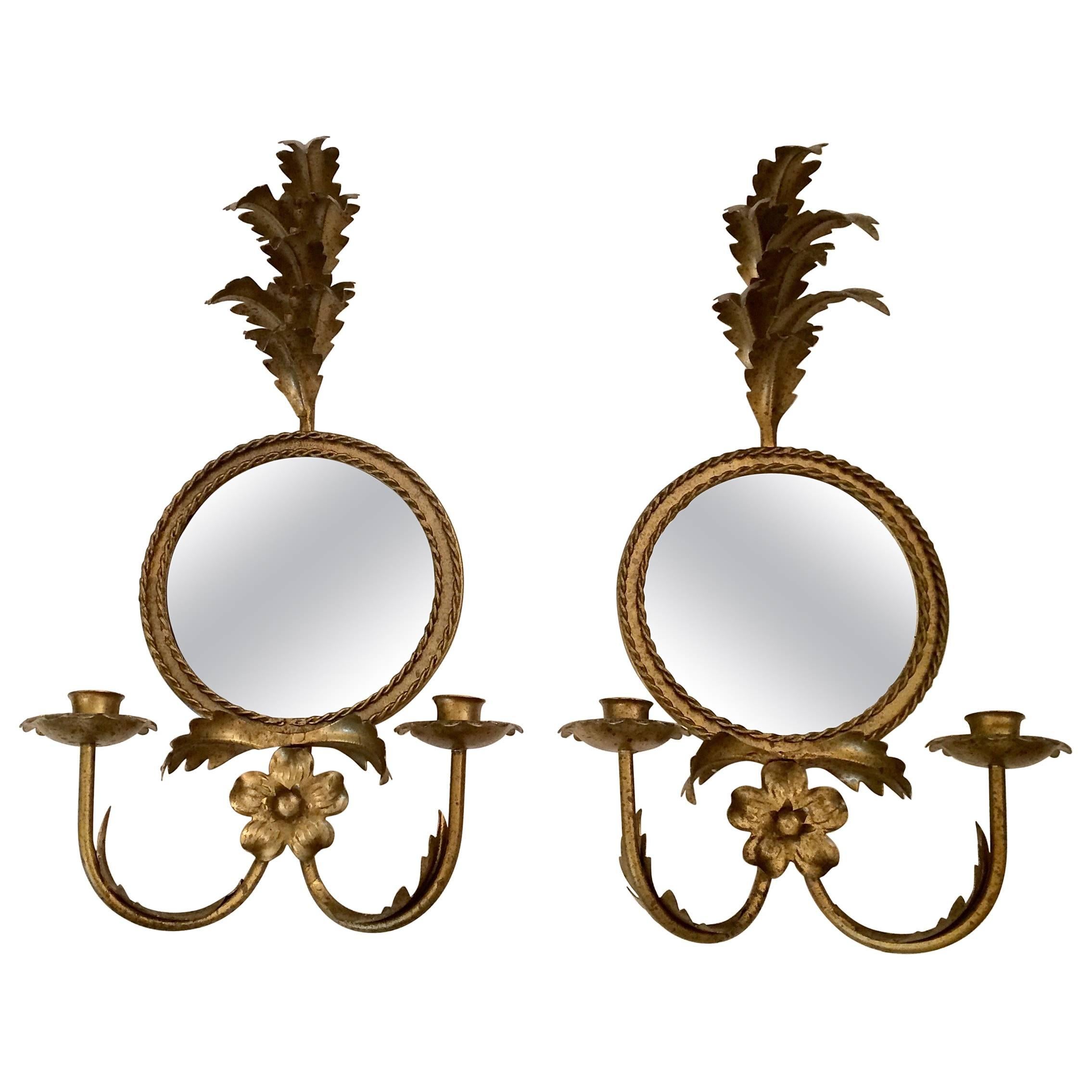 Pair of Lovely Italian Giltiron and Tole Sconces with Round Mirrors