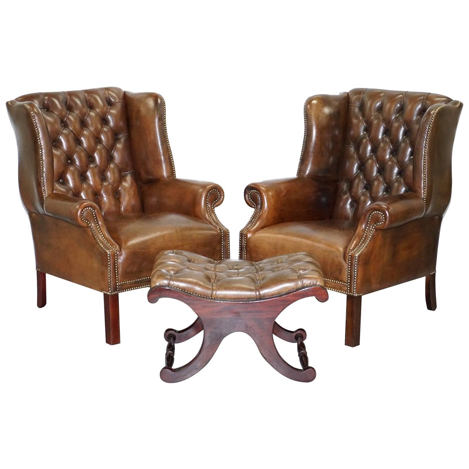 Pair of Chesterfield Restored Hand Dyed Cigar Brown Leather Wingback Armchairs