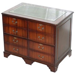 Vintage Stunning Flamed Mahogany Veneer Twin Pedestal Fining Cabinet, Green Leather Desk