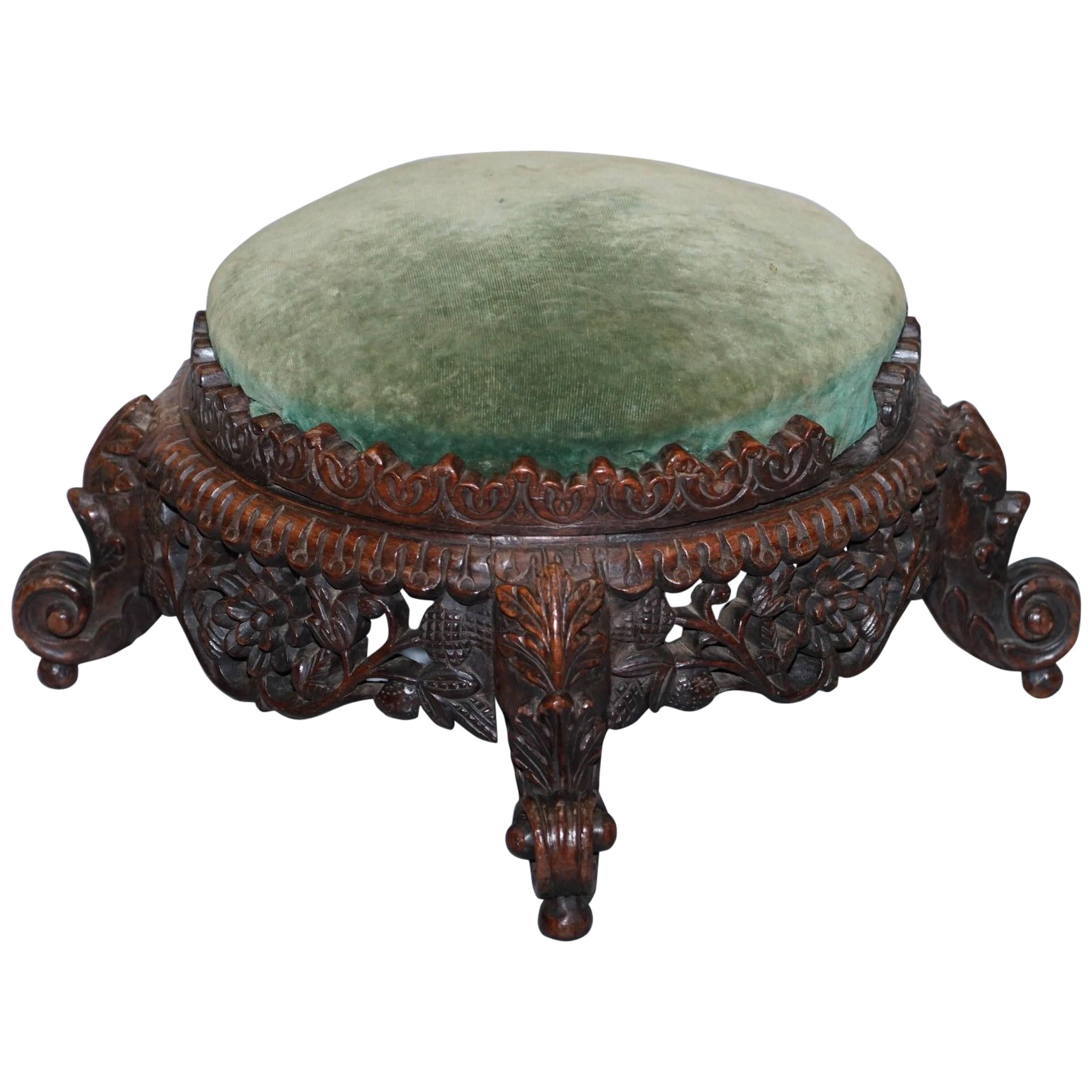 Lovely Small Hand-Carved Burmese Footstool Lovely Detailing All-Over Rare Find