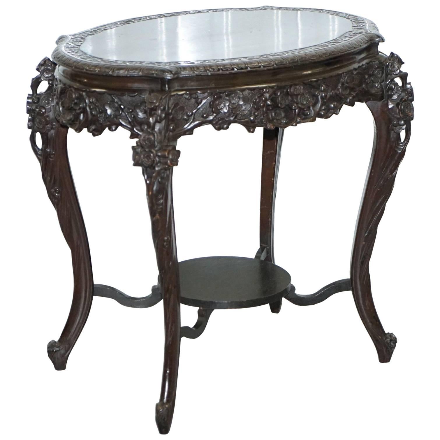 Heavily Carved Chinese Export Occasional Centre Table Black Lacquered Finish For Sale
