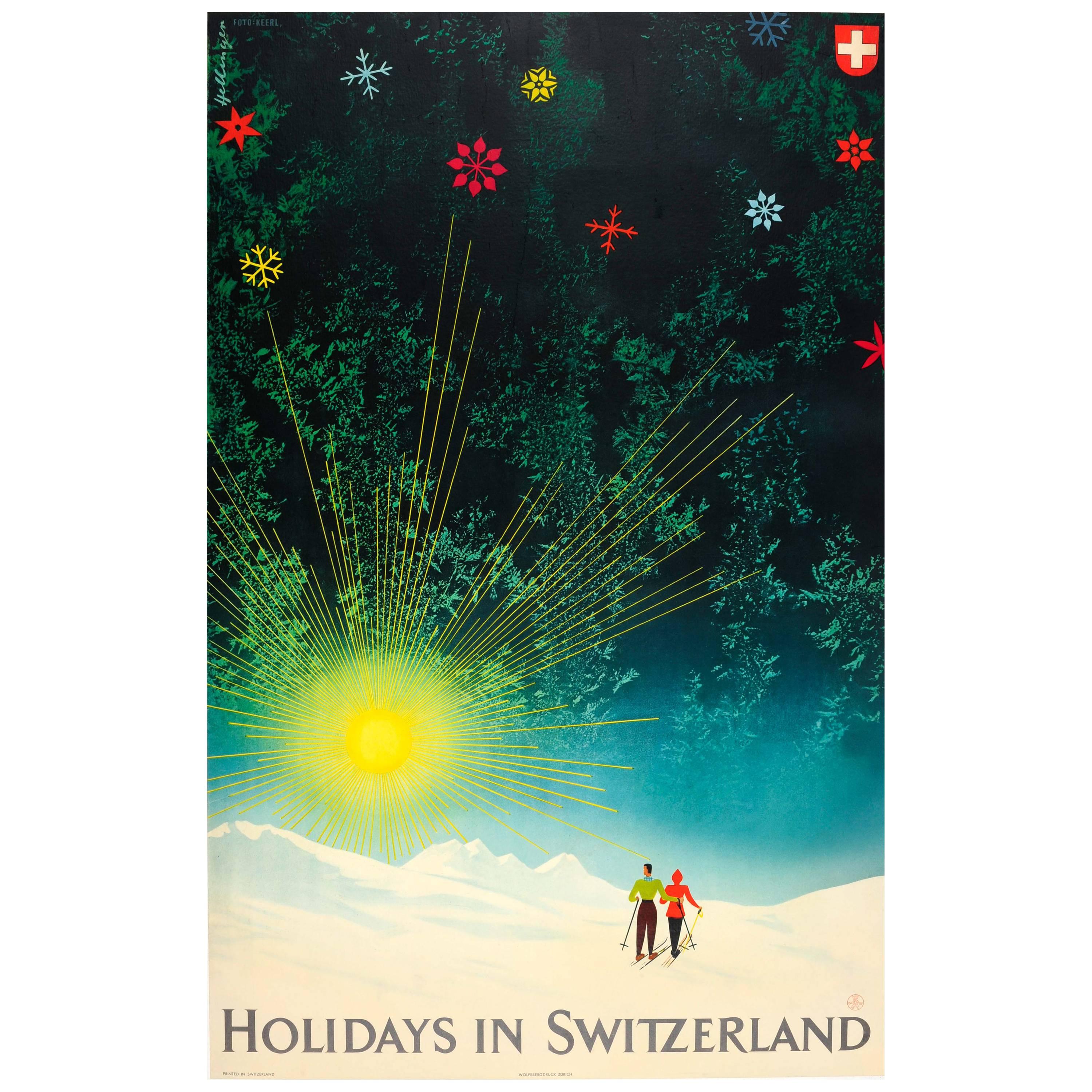 Original Vintage Skiing and Winter Sport Travel Poster - Holidays In Switzerland