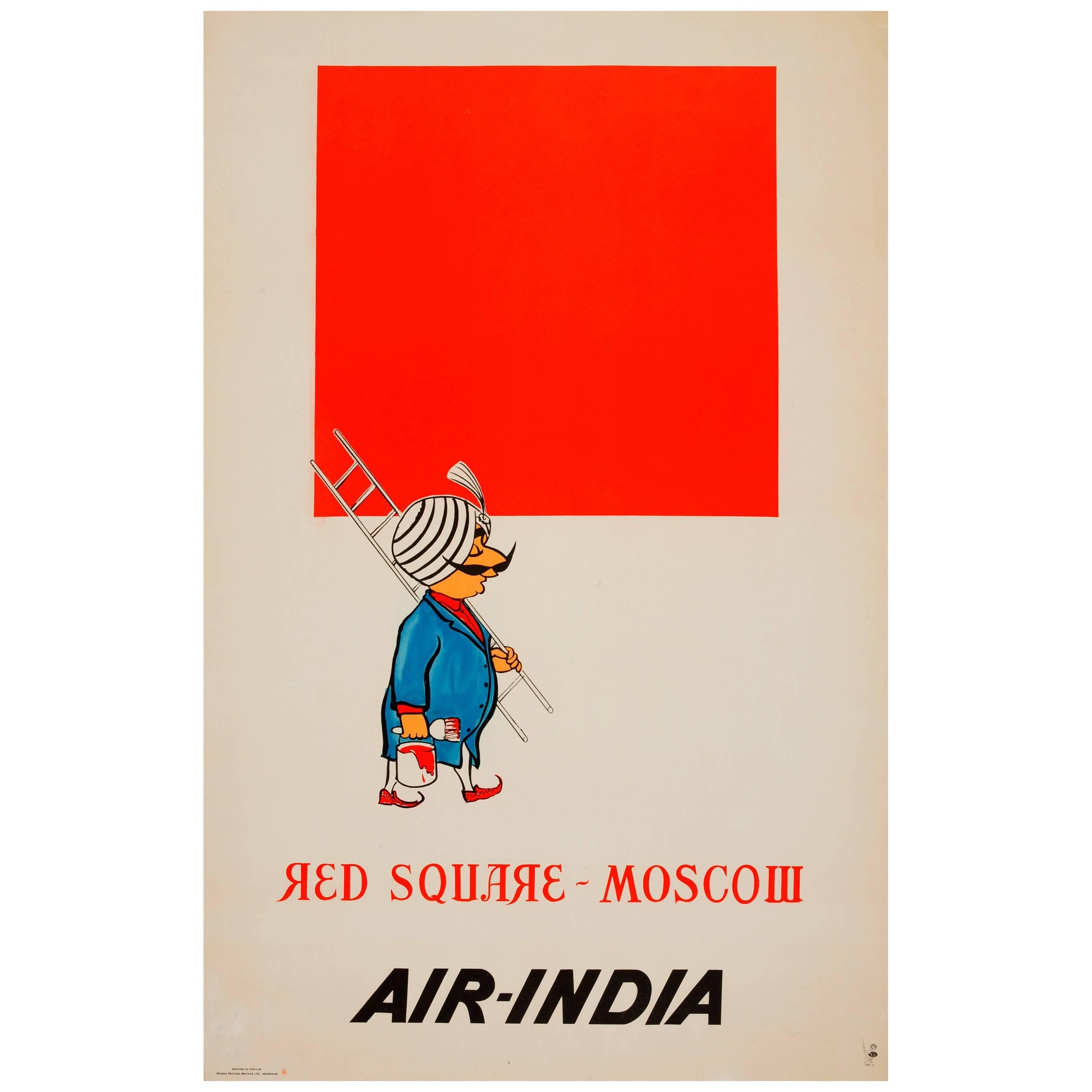 Rare Original Vintage Malevich Style Air India Travel Poster - Red Square Moscow