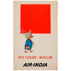 Rare Original Retro Malevich Style Air India Travel Poster - Red Square Moscow