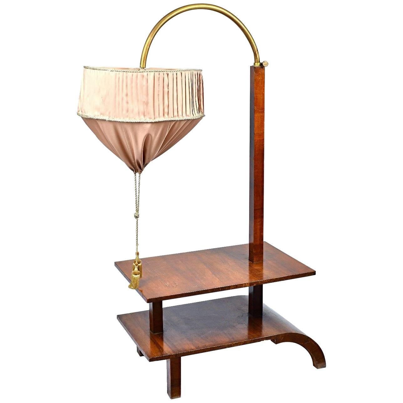 Very Rare Walnut Art Deco Large Side Table with Built in Height Adjustable Light For Sale