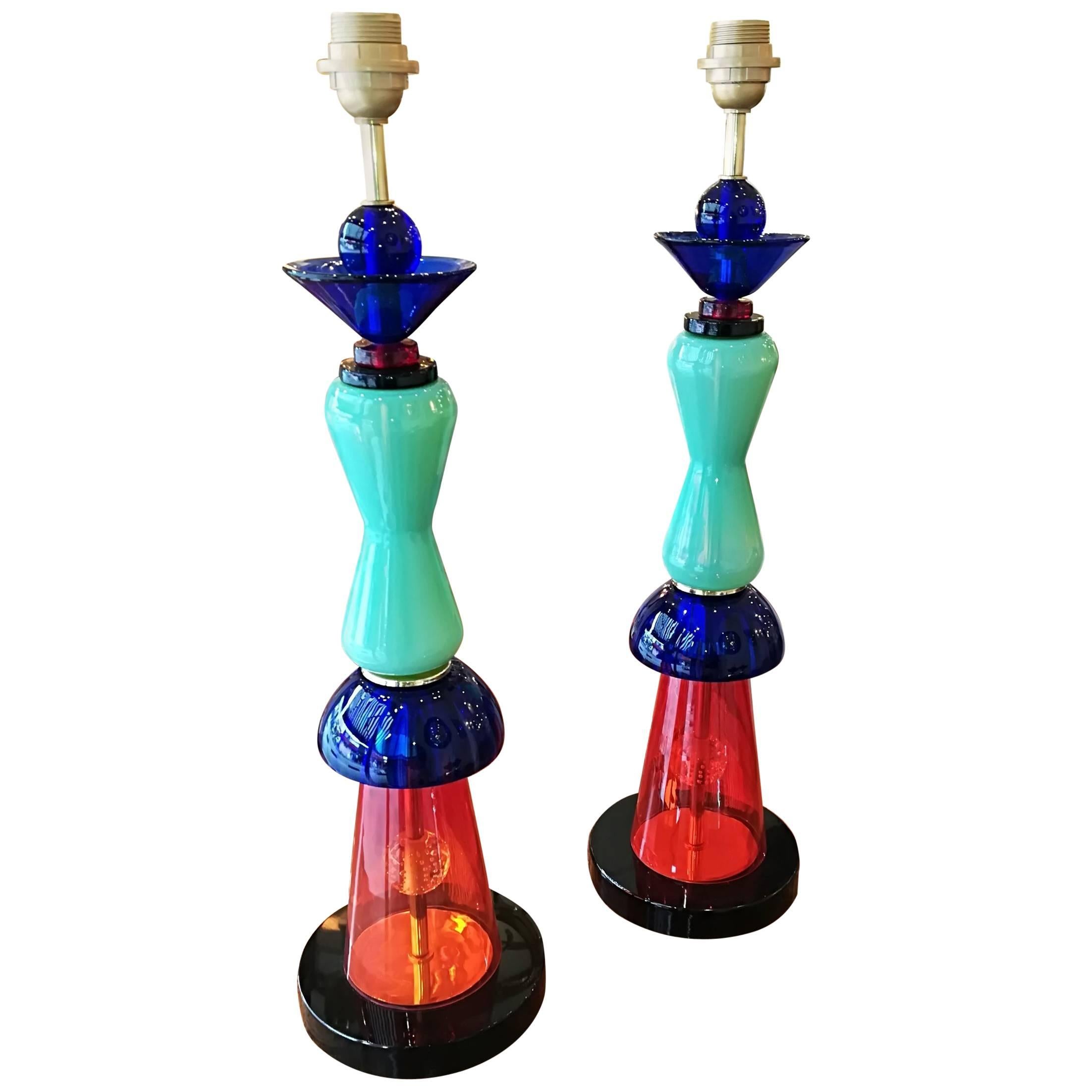 Pair of Italian Table Lamps in Handblown Murano Glass