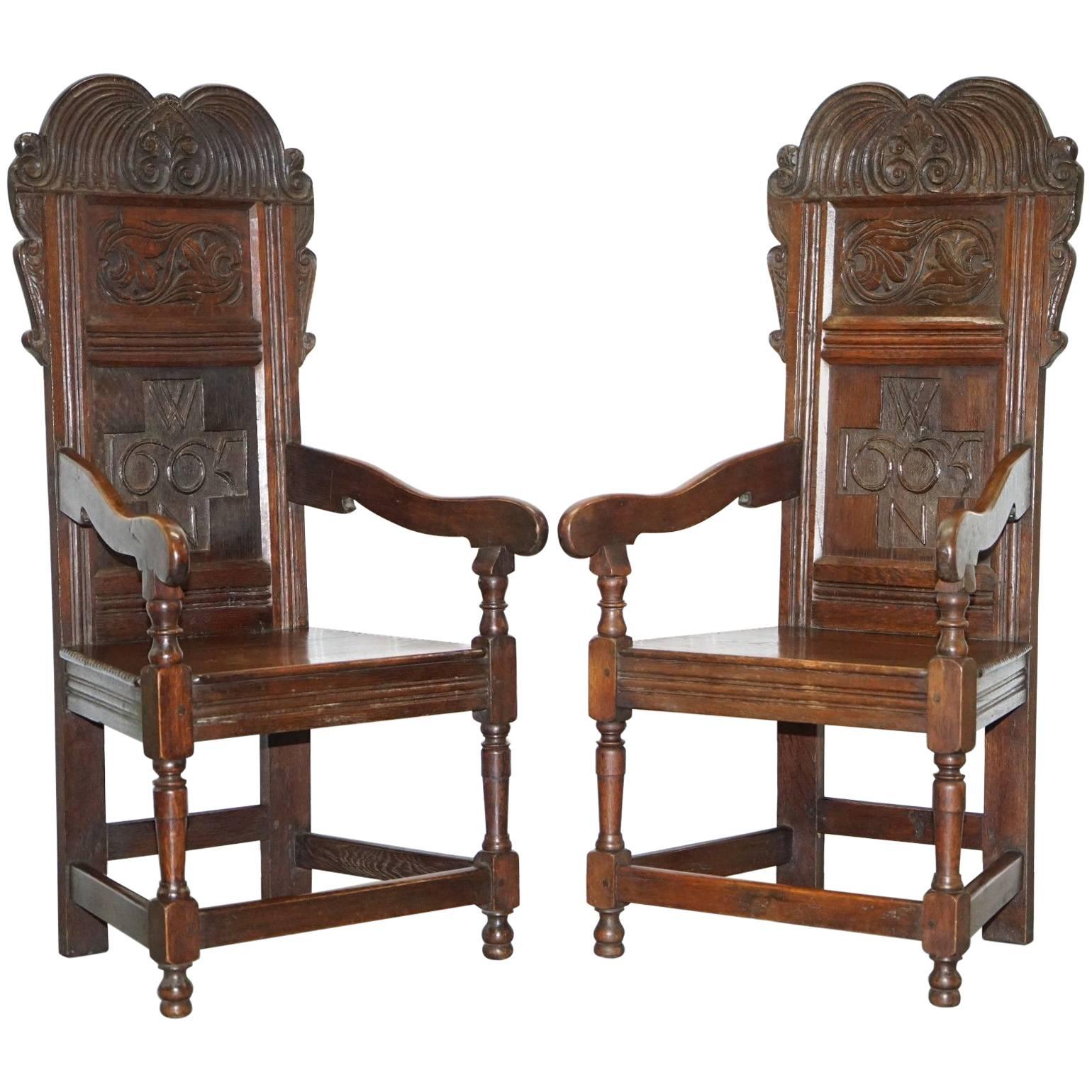 Pair of Charles II Original 1665 Dated Wainscot Armchairs English Carved Oak