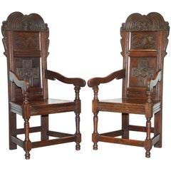 Antique Pair of Charles II Original 1665 Dated Wainscot Armchairs English Carved Oak