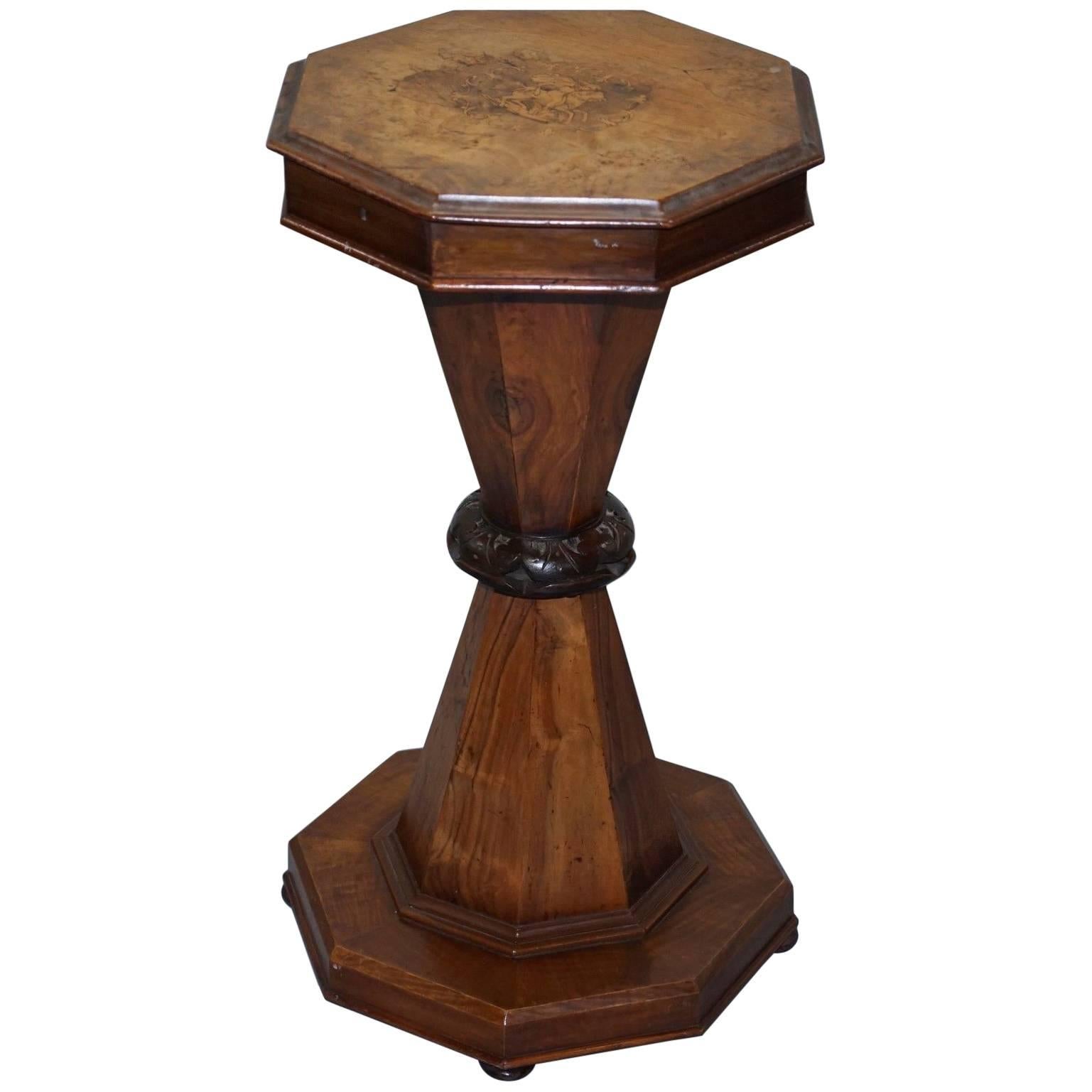 Victorian Wood and Walnut Sewing Side Pedestal Table George and the Dragon Inlay