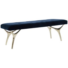 Crescent Brass Bench in Midnight Blue Mohair