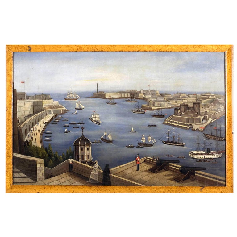 Painting of a View of Valletta Harbour, Malta, circa 1850 For Sale at
