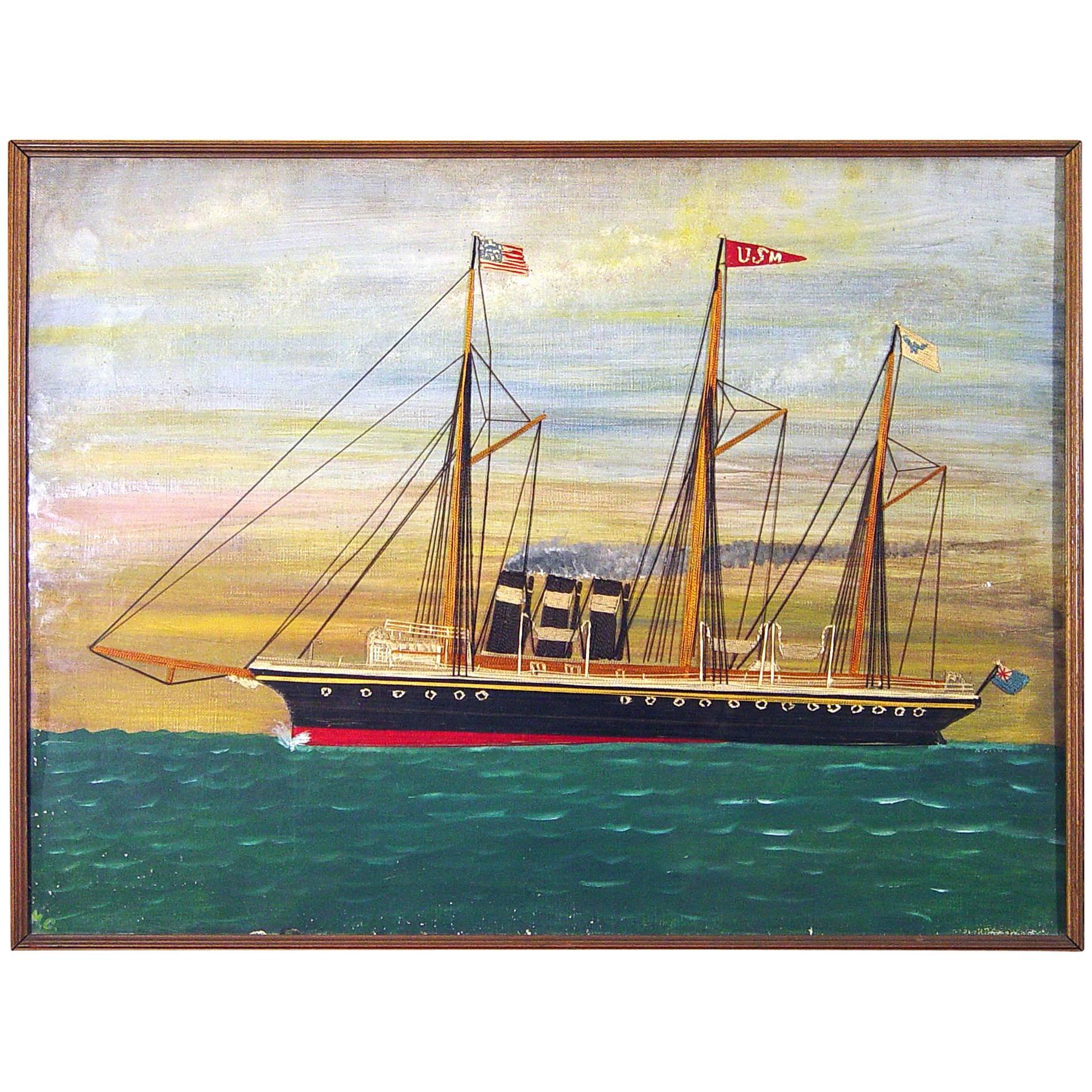 Silk and Canvas Picture of a British Ship in American Waters, Dated 1901