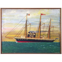 Used Silk and Canvas Picture of a British Ship in American Waters, Dated 1901