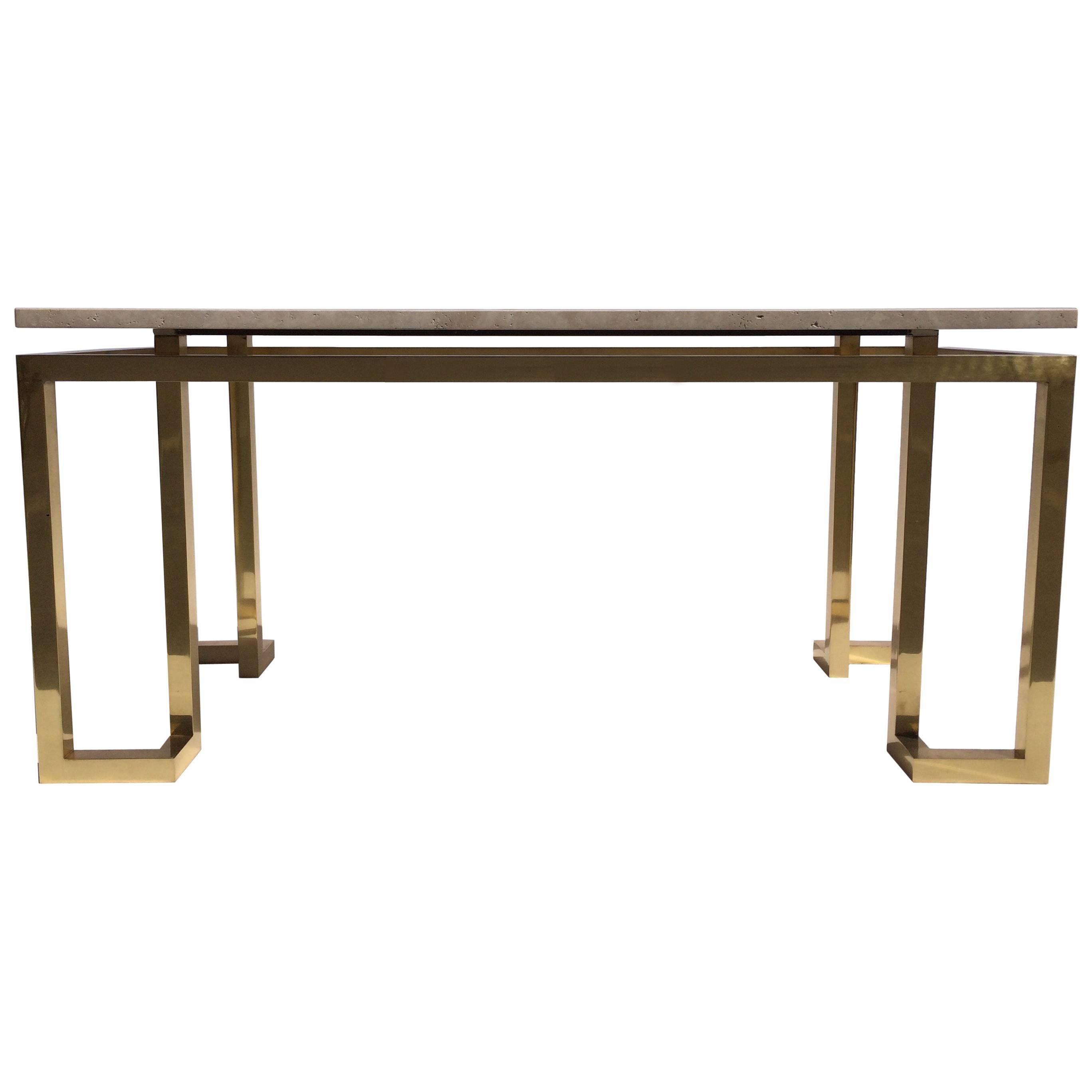 Brass and Travertine Console Table in the Style of Billy Baldwin
