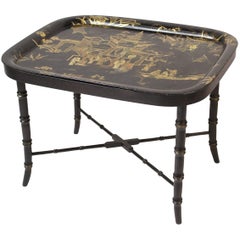 Chinoiserie Decorated Tole Tray Table on a Regency Style Bamboo Turned Stand