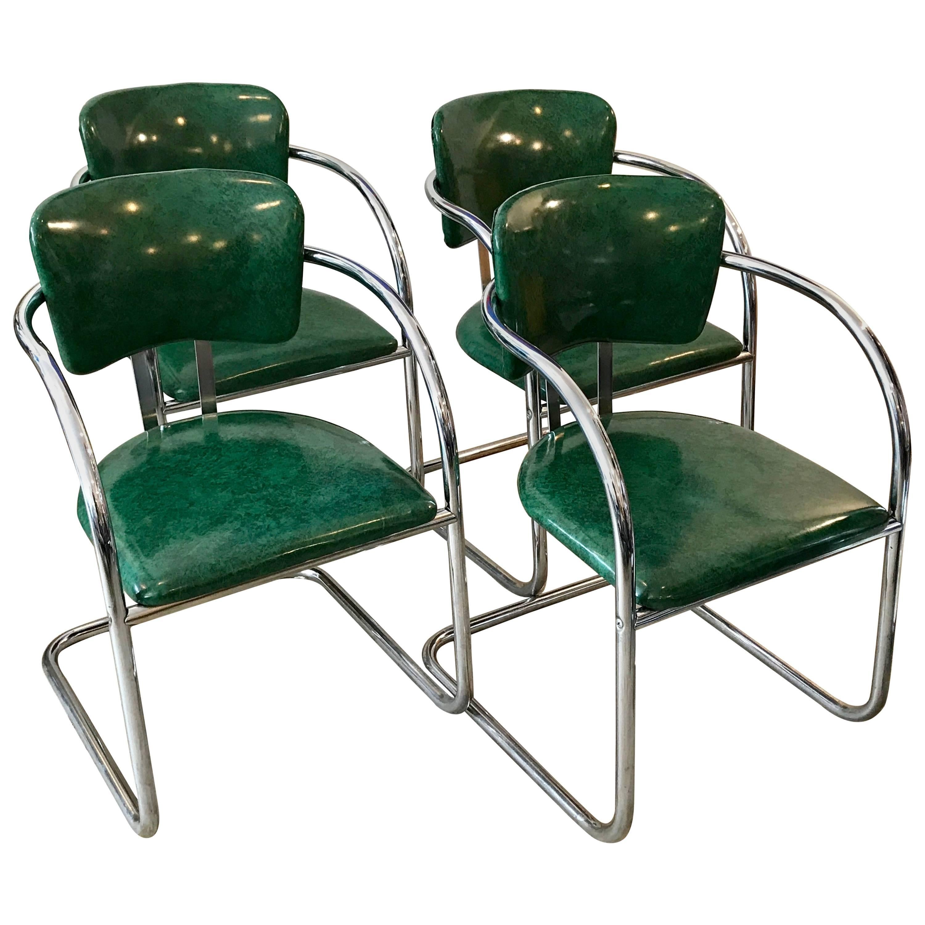 Four Chrome Streamline Modern Dining Chairs in the Style of KEM Weber, 1930's