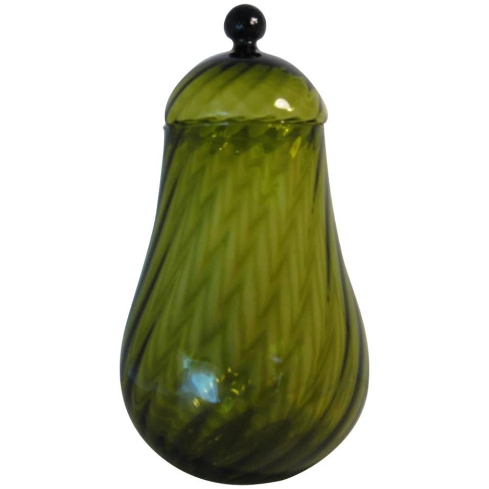 1960s Italian Empoli Glass Olive Green Optic Apothecary Jar For Sale