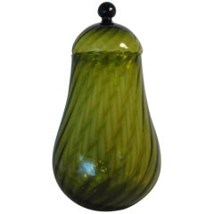 Vintage 1960s Italian Empoli Glass Olive Green Optic Apothecary Jar