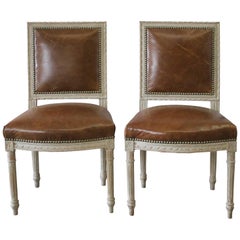 Pair of 19th Century Louis XVI Style Leather Upholstered Side Chairs