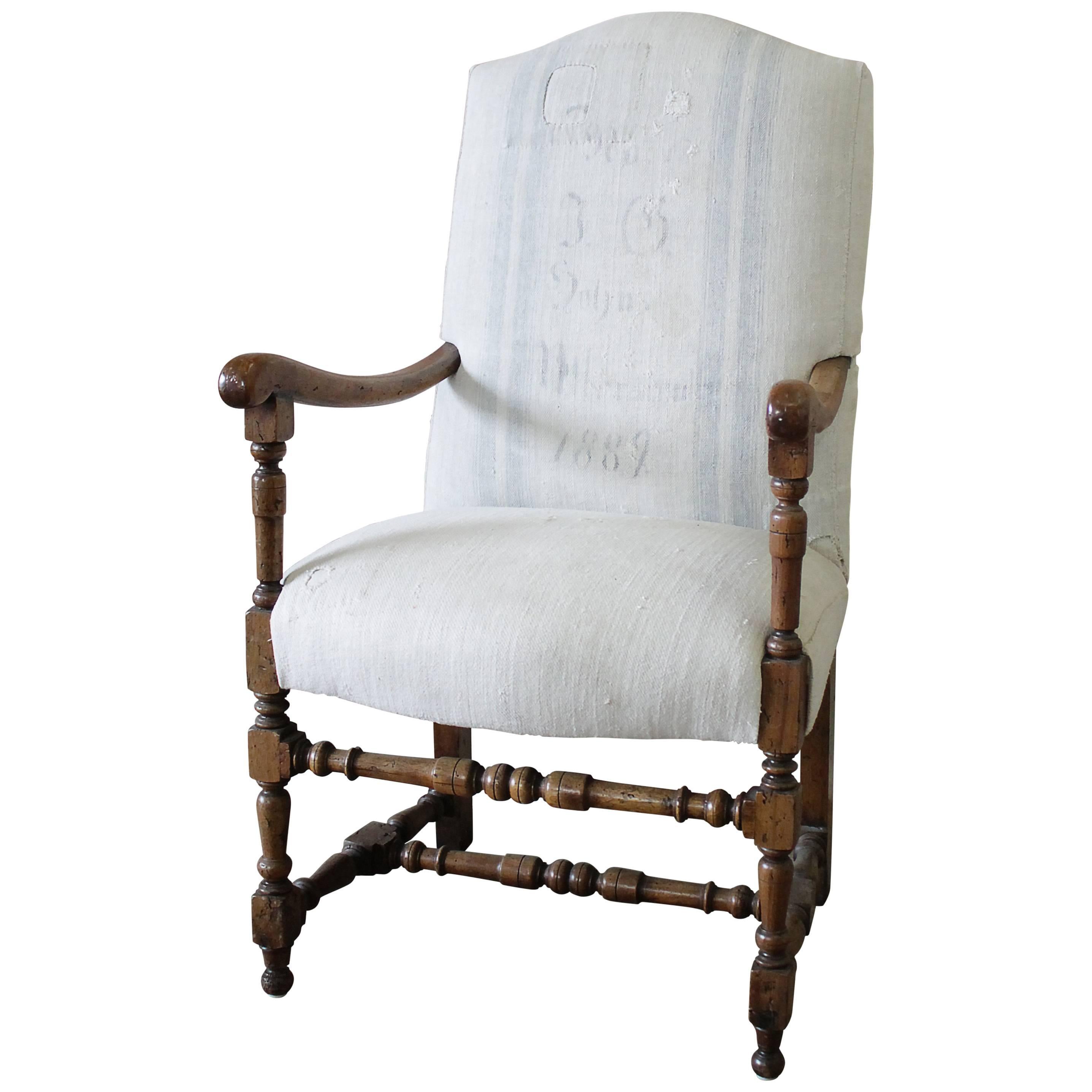 Antique Accent Chair Upholstered in Antique Swedish Grainsack