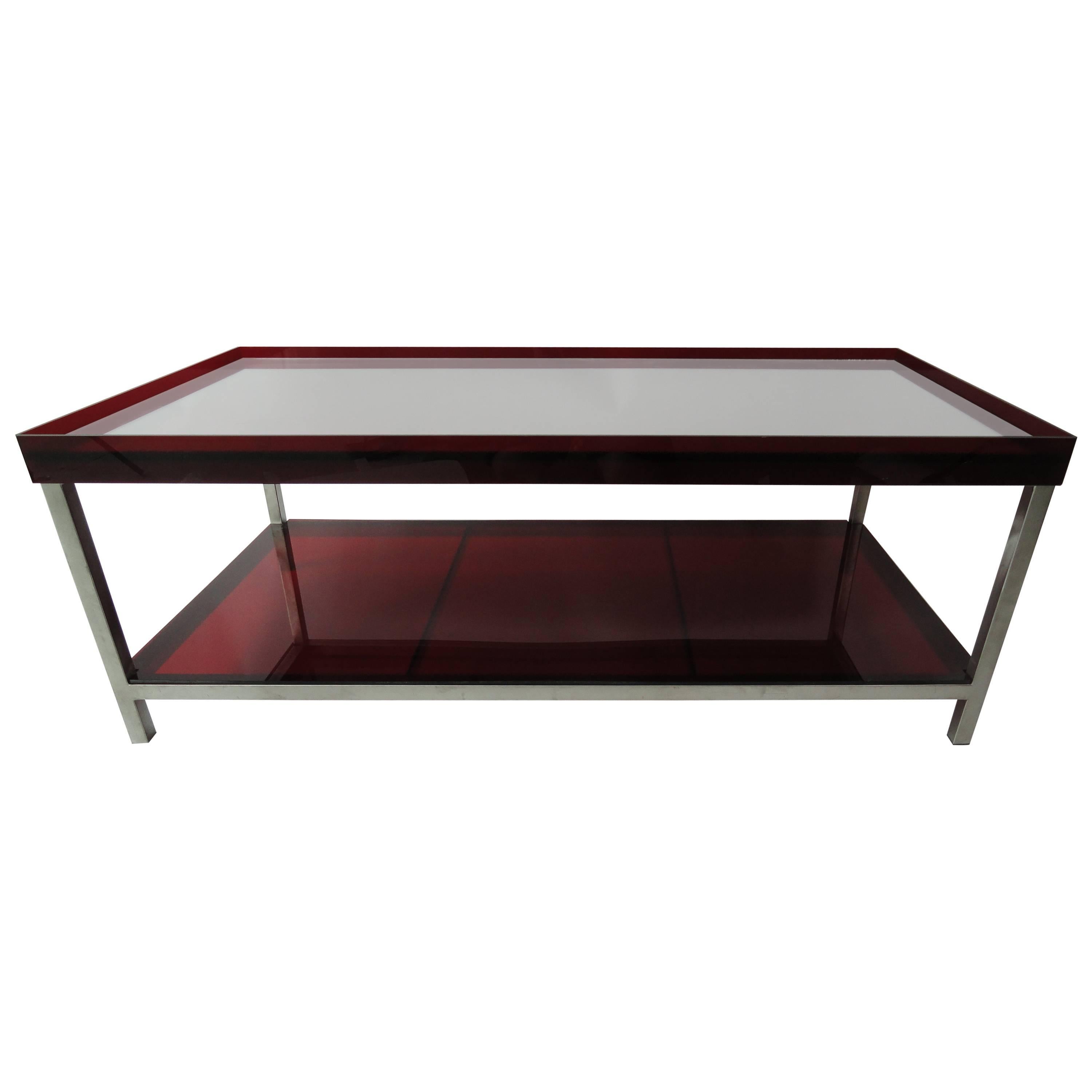 Modern Red Acrylic and Steel Coffee Table For Sale