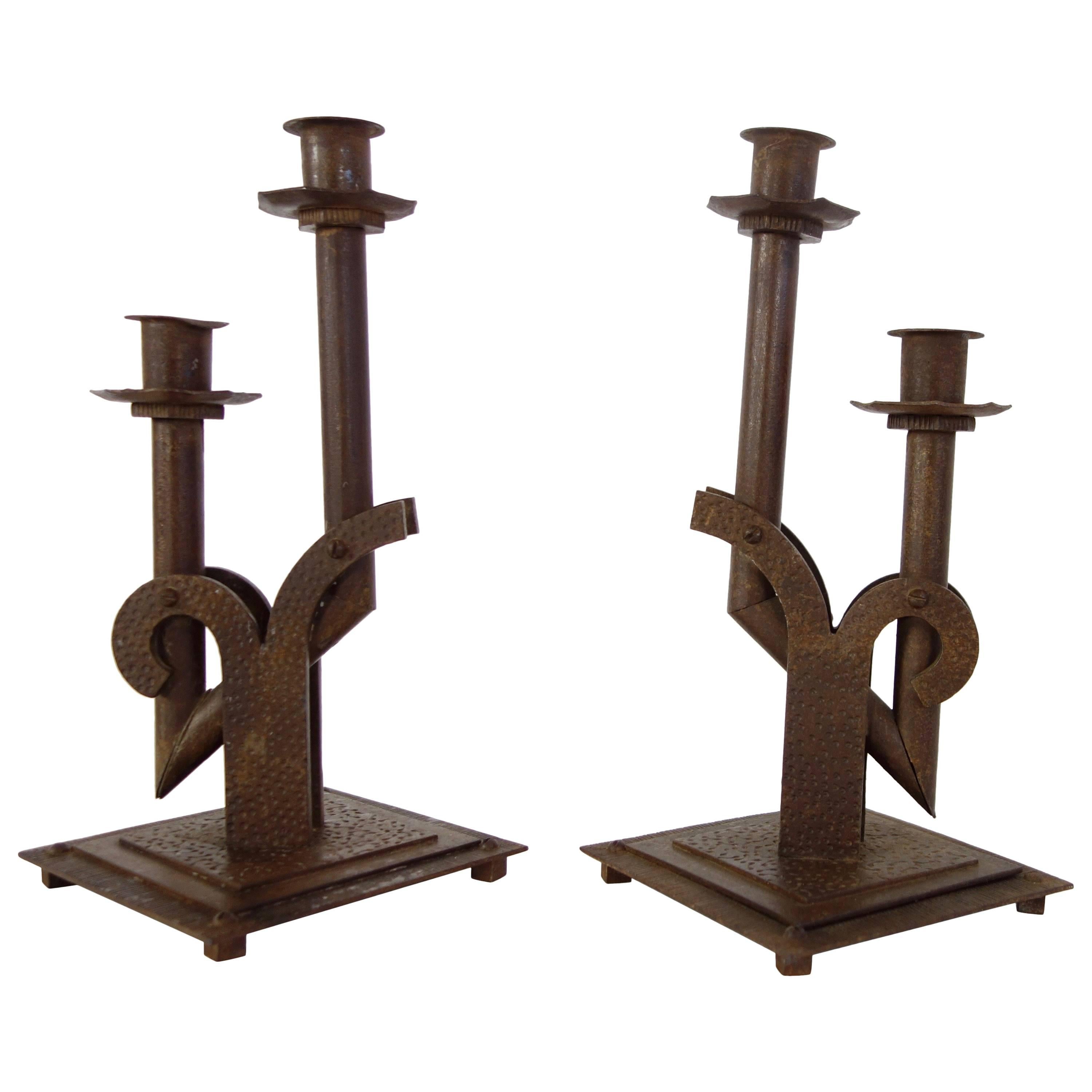 Pair of 1920s Steel Bauhaus Candlesticks, French For Sale