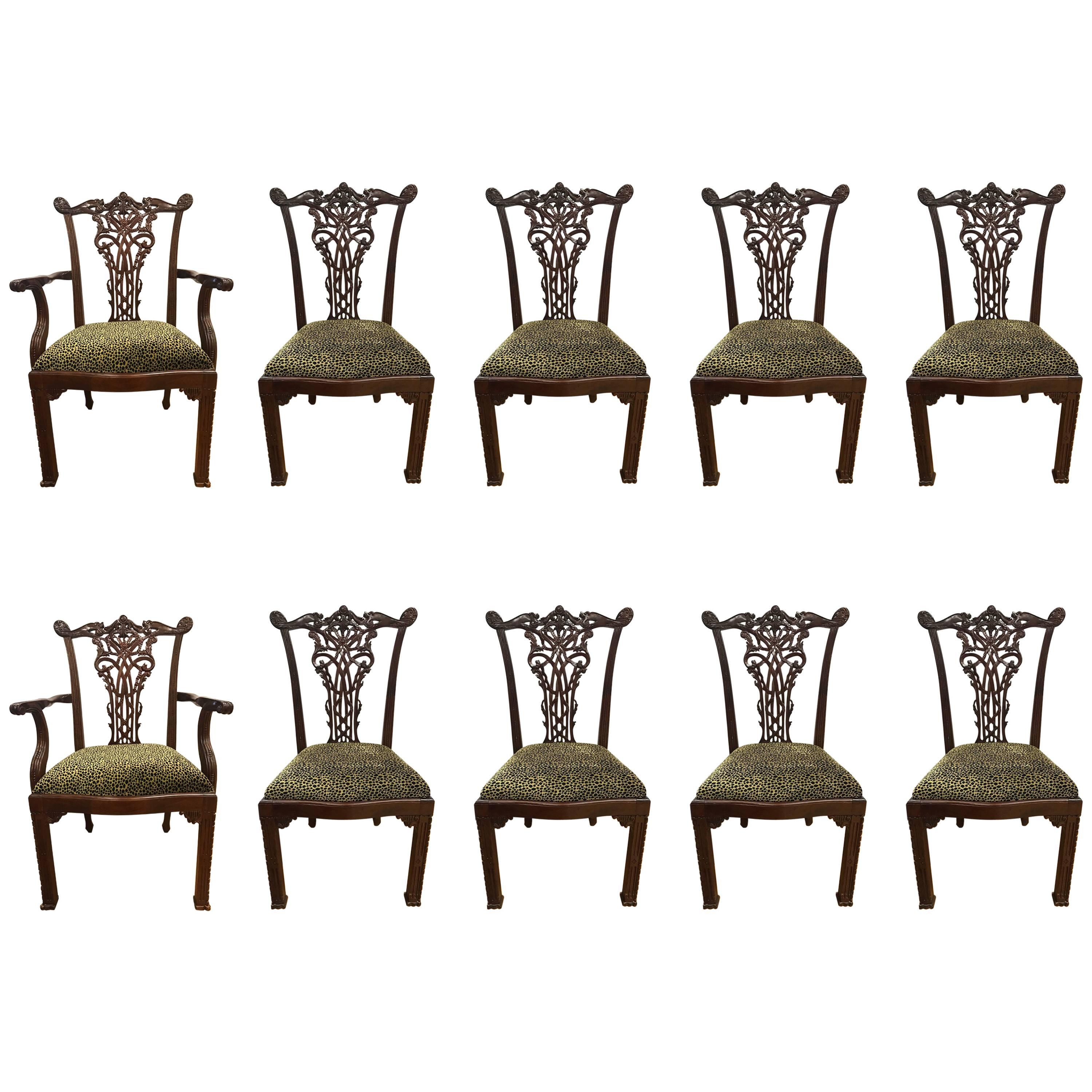Set of Ten 19th Century Mahogany Carved Chippendale Dining Chairs England
