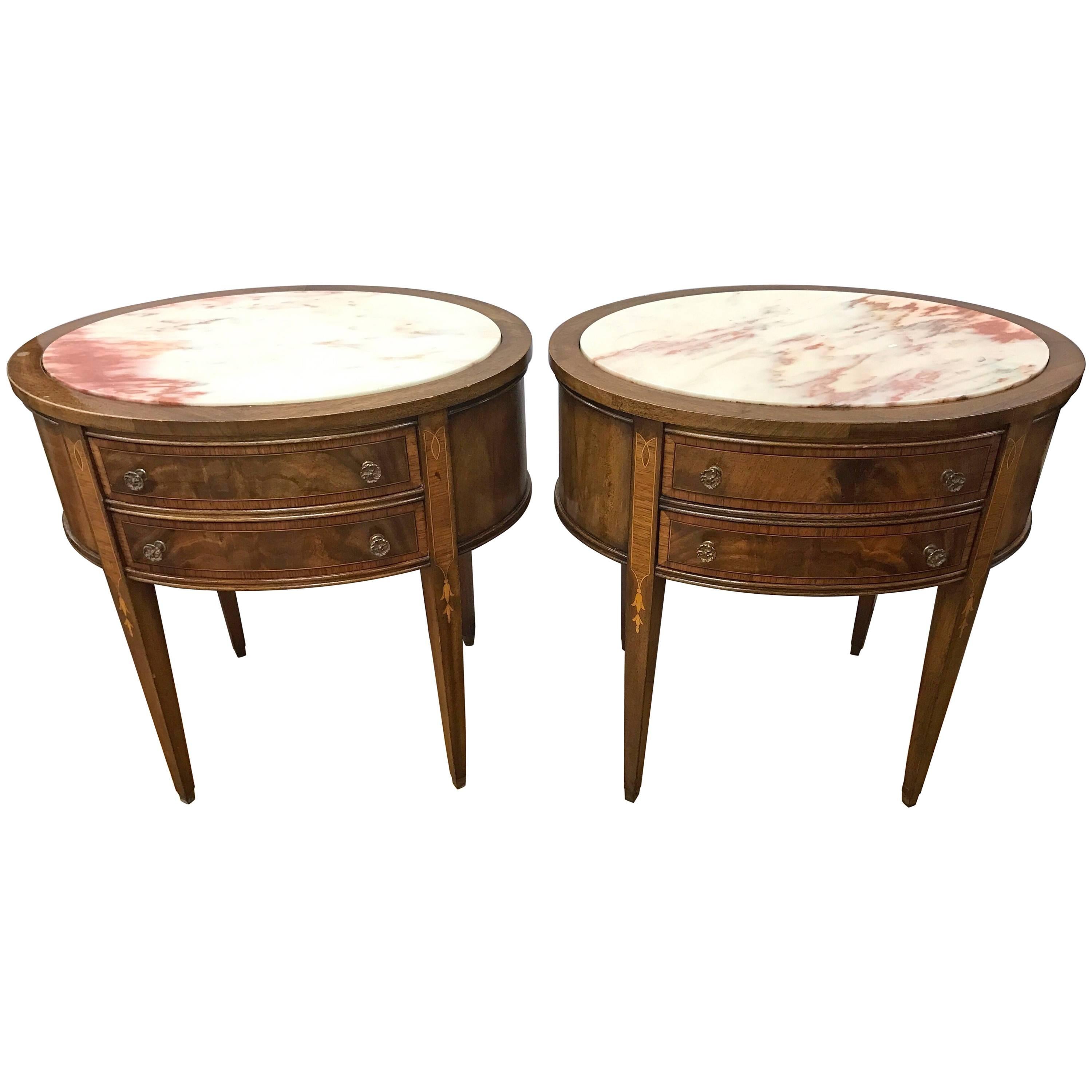 French Mahogany Oval Marble-Top Nightstands End Tables