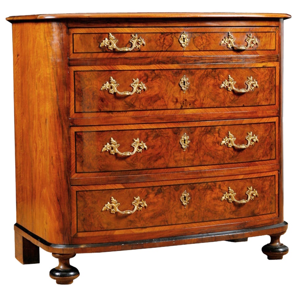 Antique Swedish Chest of Drawers in Walnut & Burled Walnut with Ebonized details For Sale