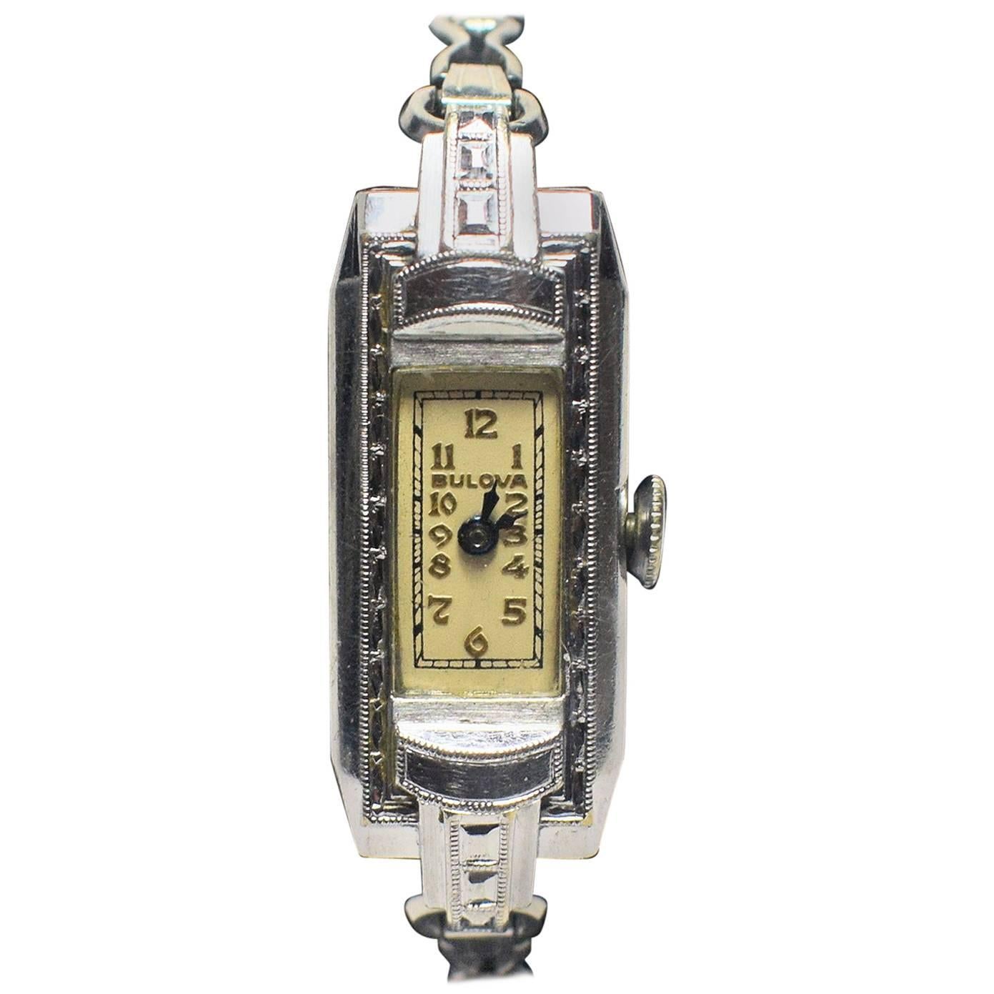 1931 Ladies Bulova Art Deco 10-Karat White Gold Watch