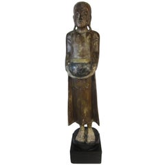 Burmese Carved Wooden Polychromed Monk Figure