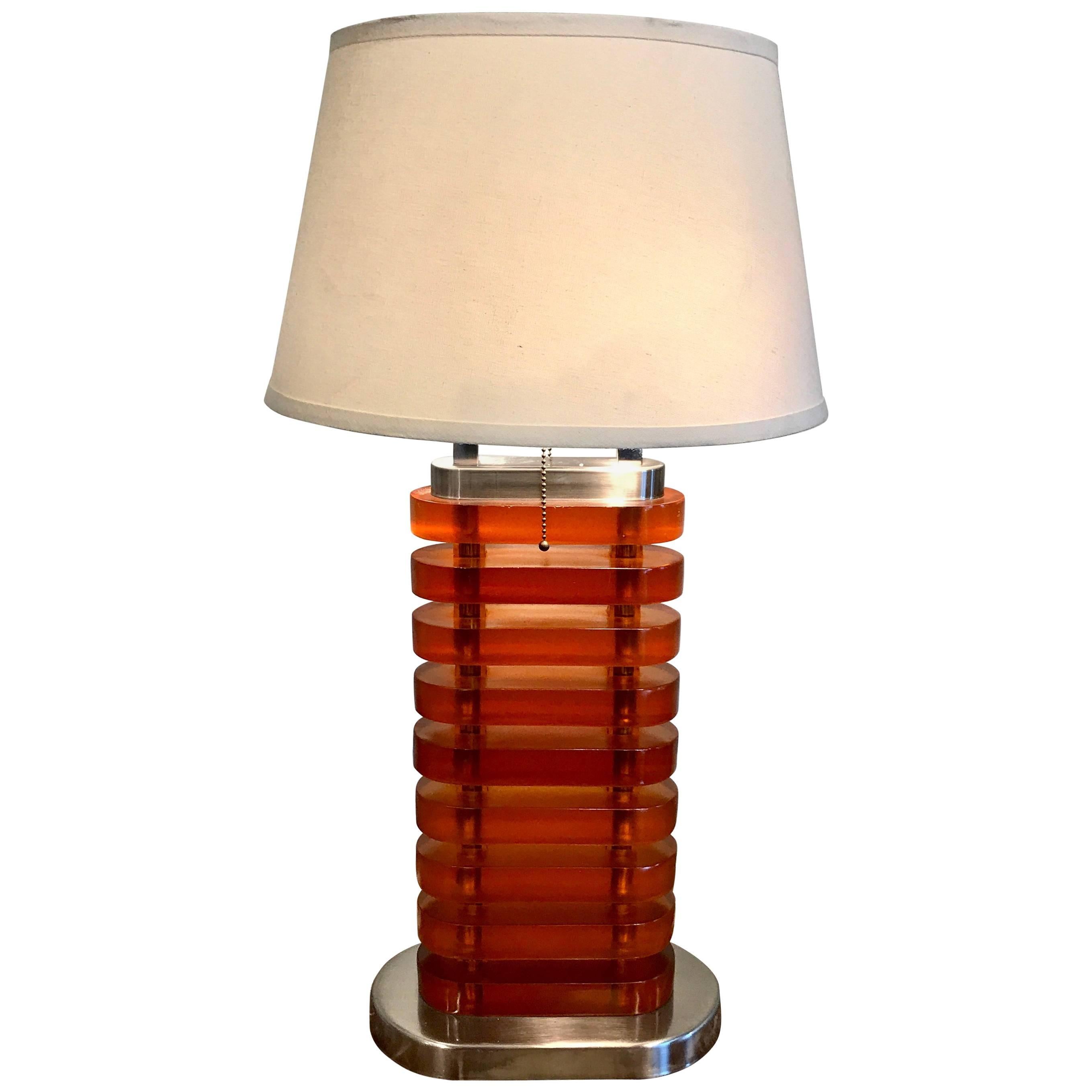 Large Midcentury Stacked Amber Lucite Lamp