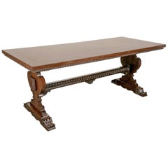 19th Century Italian Baroque Style Walnut Trestle Table with Fruitwood Marquetry