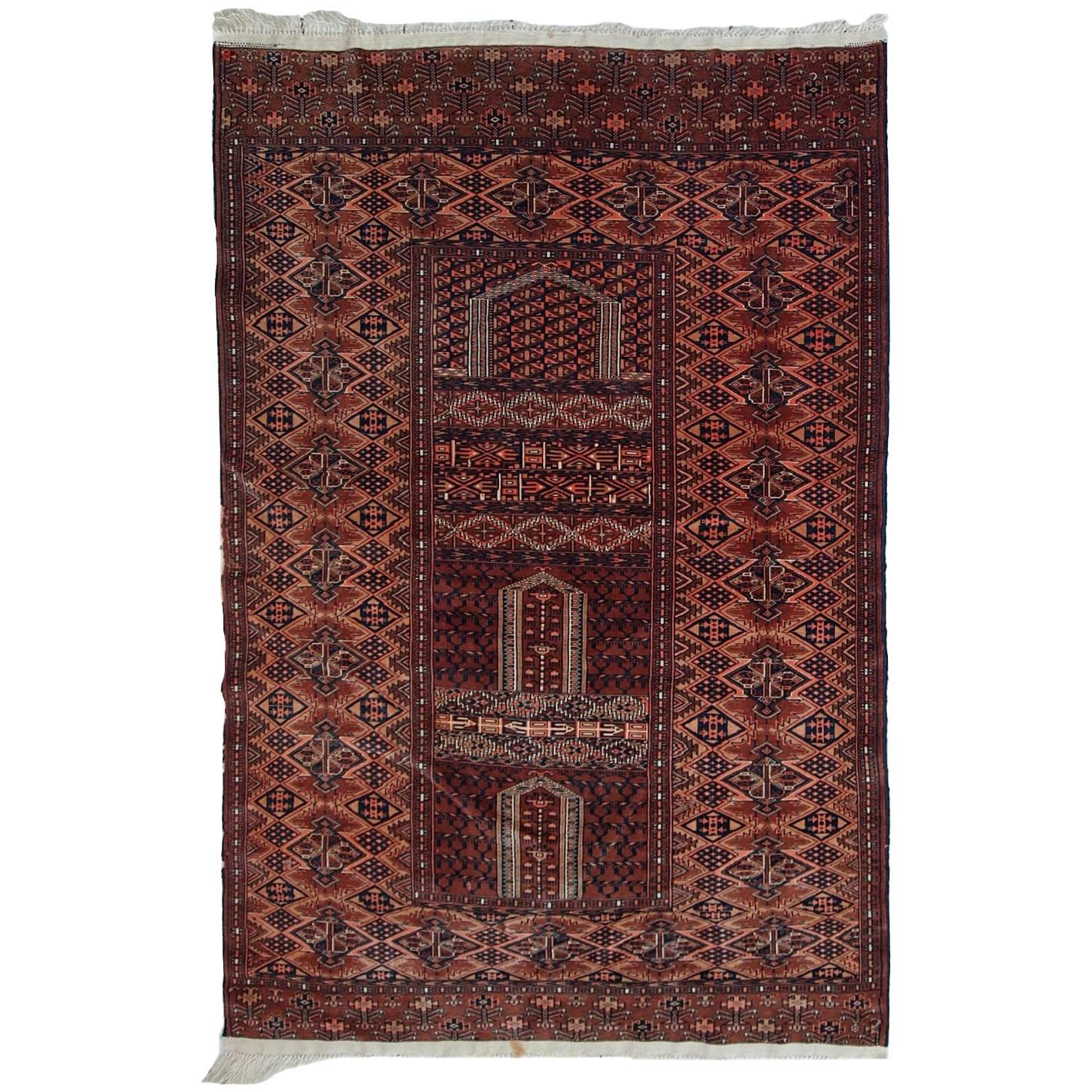 Handmade Vintage Prayer Turkmen Hachli Rug, 1940s, 1C562 For Sale